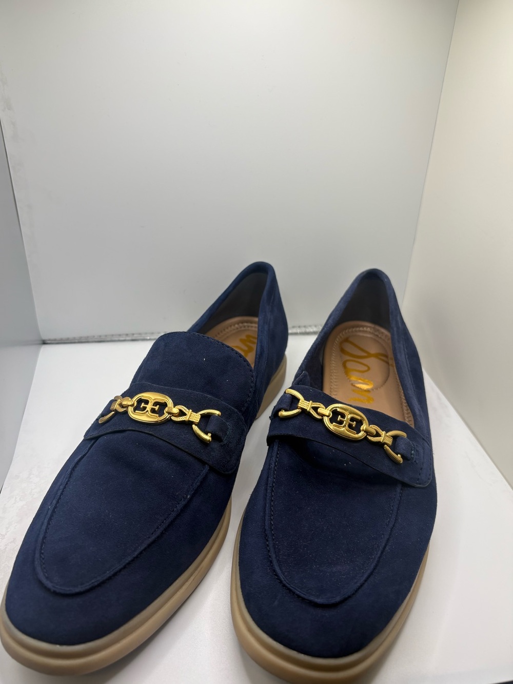 Sam Edelman Navy Suede Loafers with Gold Chain Hardware
